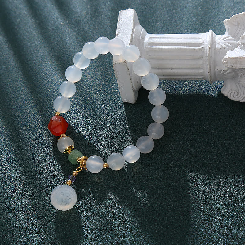 Wear FengShui White Agate Red Agate Lotus Pod Charm Luck Bracelet