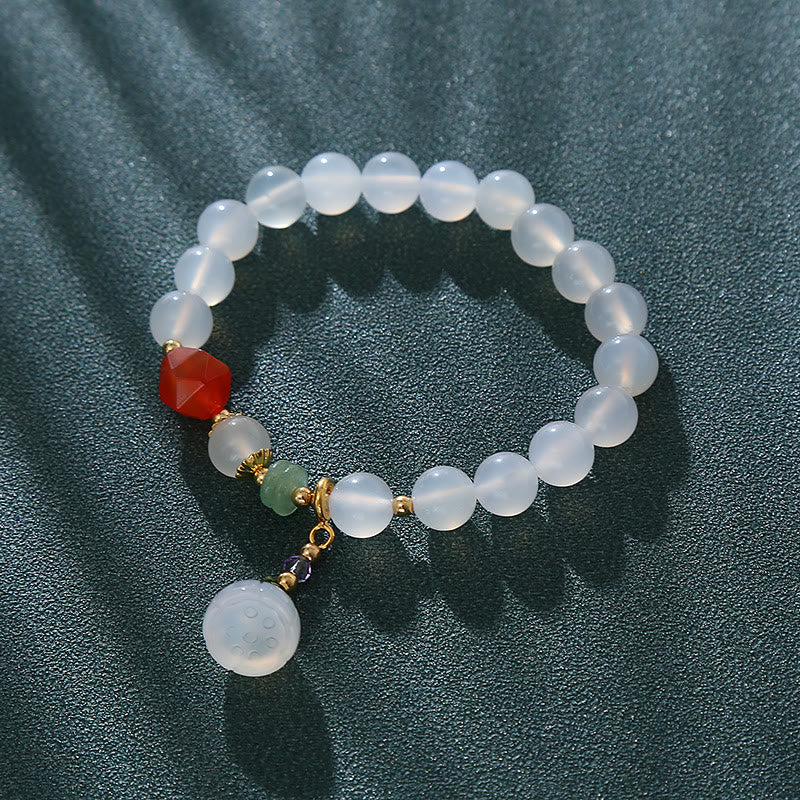Wear FengShui White Agate Red Agate Lotus Pod Charm Luck Bracelet