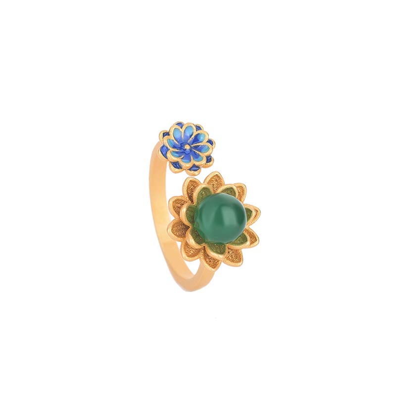 Wear FengShui Lotus Pattern Jade Abundance Adjustable Ring