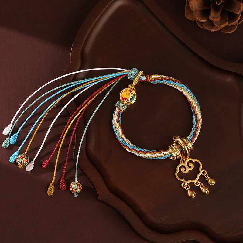Wear FengShui Handmade Dunhuang Color Deer Auspicious Cloud Peace Lock Bell Healing Reincarnation Knot Bracelet
