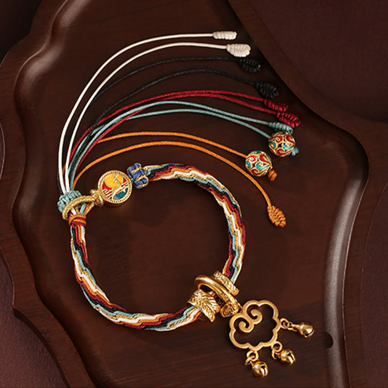 Wear FengShui Handmade Dunhuang Color Deer Auspicious Cloud Peace Lock Bell Healing Reincarnation Knot Bracelet