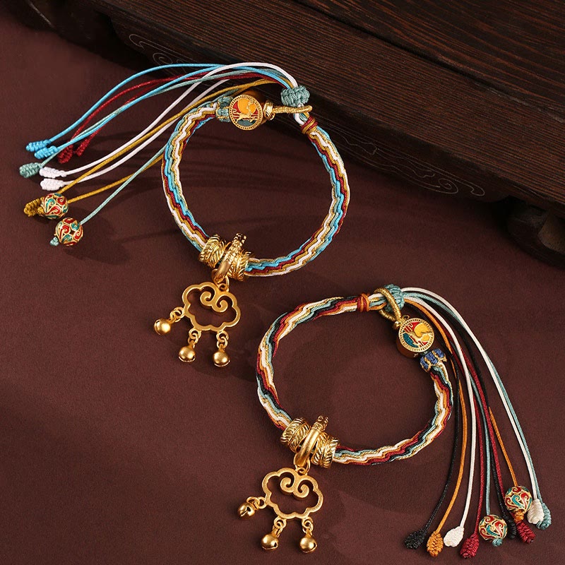 Wear FengShui Handmade Dunhuang Color Deer Auspicious Cloud Peace Lock Bell Healing Reincarnation Knot Bracelet