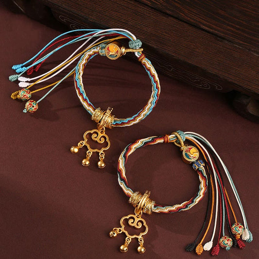 Wear FengShui Handmade Dunhuang Color Deer Auspicious Cloud Peace Lock Bell Healing Reincarnation Knot Bracelet