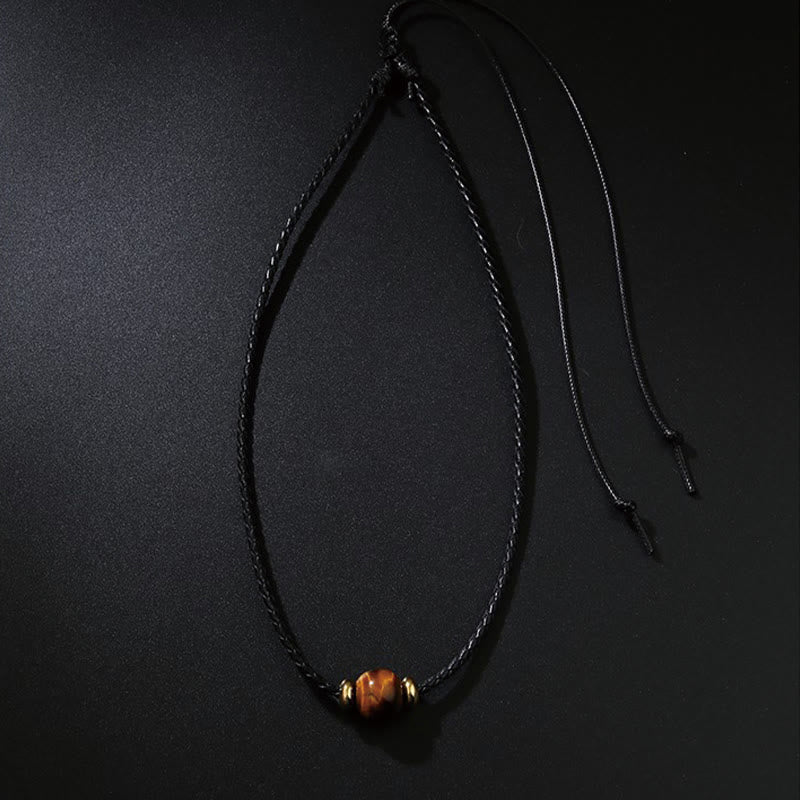 Wear FengShui Natural Tiger Eye Beaded Protection Wax Rope Necklace Pendant