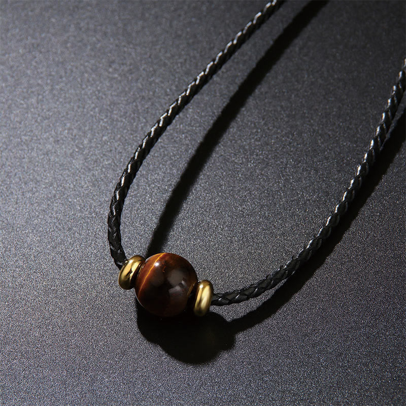 Wear FengShui Natural Tiger Eye Beaded Protection Wax Rope Necklace Pendant