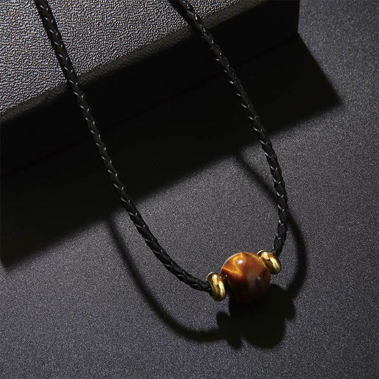 Wear FengShui Natural Tiger Eye Beaded Protection Wax Rope Necklace Pendant