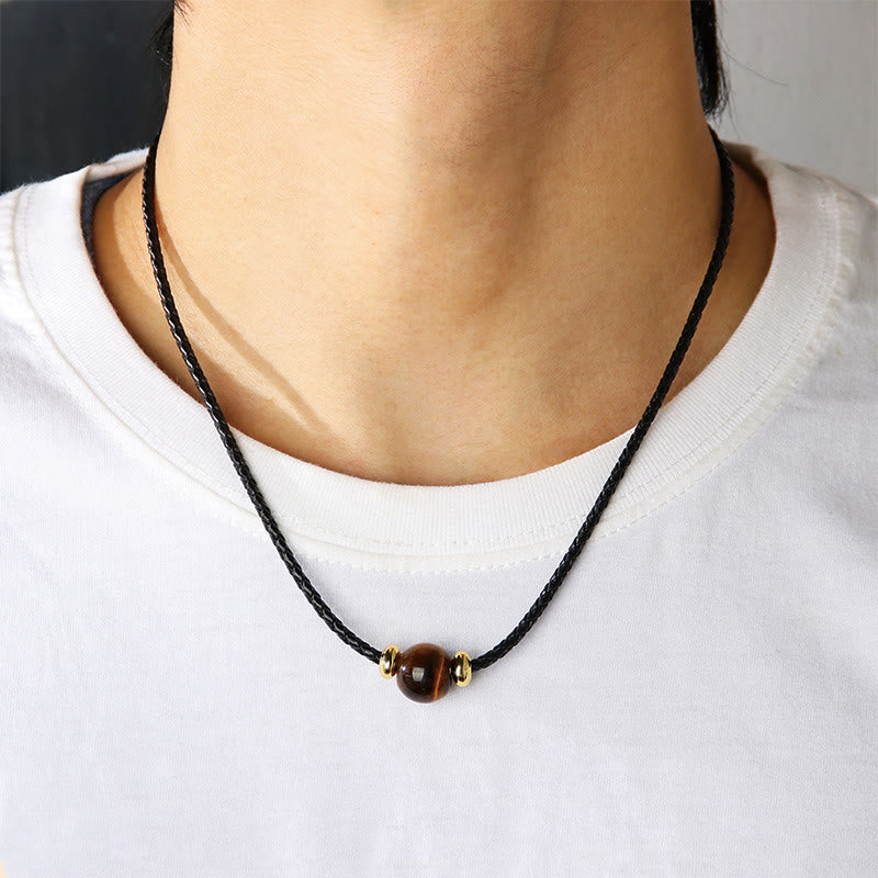 Wear FengShui Natural Tiger Eye Beaded Protection Wax Rope Necklace Pendant