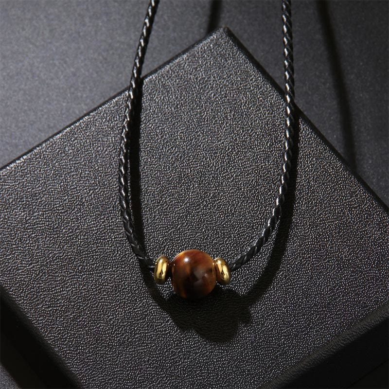 Wear FengShui Natural Tiger Eye Beaded Protection Wax Rope Necklace Pendant