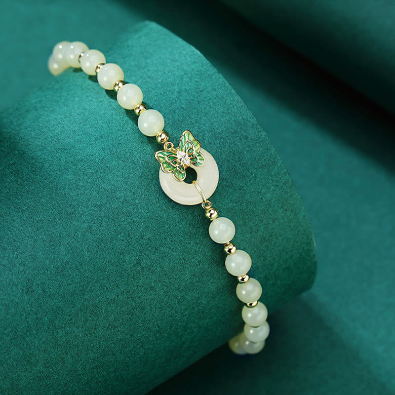 Wear FengShui 925 Sterling Silver Natural Hetian Jade Peace Buckle Butterfly Zircon Luck Bracelet Necklace Pendant