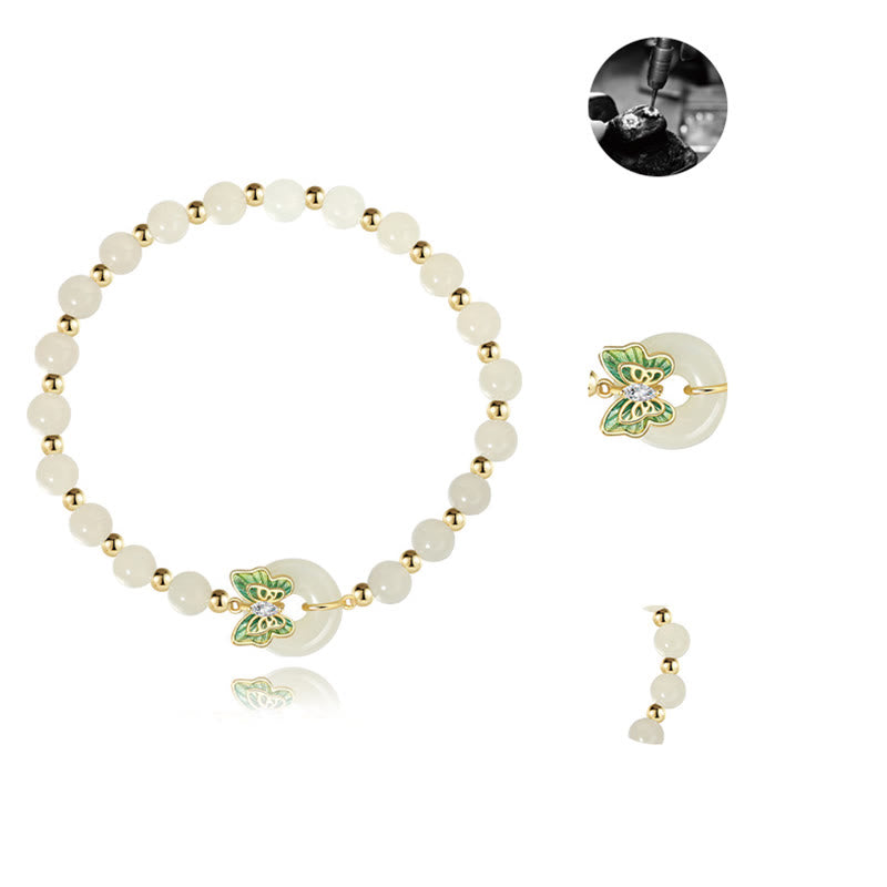Wear FengShui 925 Sterling Silver Natural Hetian Jade Peace Buckle Butterfly Zircon Luck Bracelet Necklace Pendant