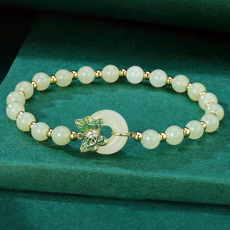 Wear FengShui 925 Sterling Silver Natural Hetian Jade Peace Buckle Butterfly Zircon Luck Bracelet Necklace Pendant