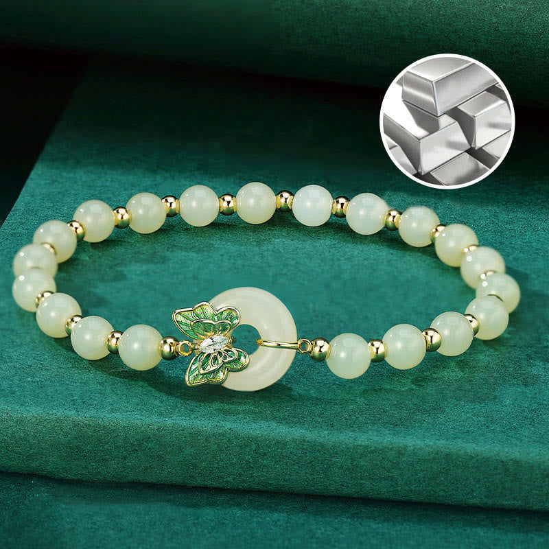 Wear FengShui 925 Sterling Silver Natural Hetian Jade Peace Buckle Butterfly Zircon Luck Bracelet Necklace Pendant