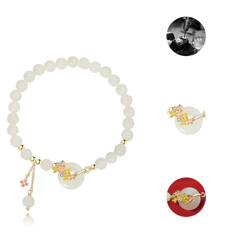 Wear FengShui 925 Sterling Silver Natural Hetian Jade Osmanthus Flowers Peace Buckle Zircon Luck Bracelet Necklace Pendant