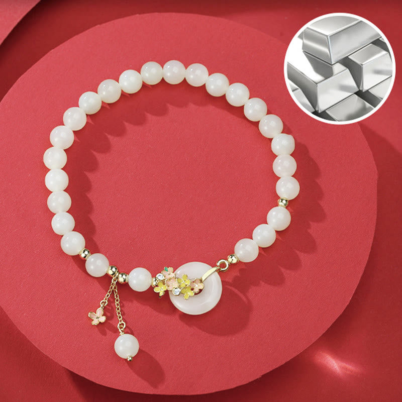 Wear FengShui 925 Sterling Silver Natural Hetian Jade Osmanthus Flowers Peace Buckle Zircon Luck Bracelet Necklace Pendant