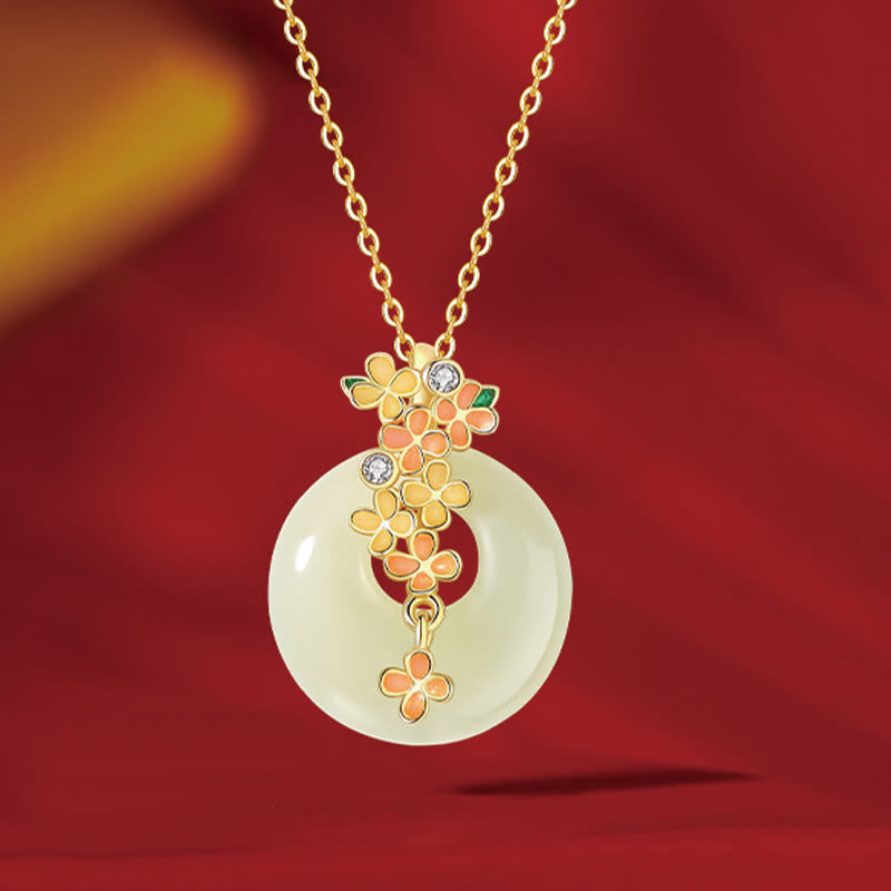 Wear FengShui 925 Sterling Silver Natural Hetian Jade Osmanthus Flowers Peace Buckle Zircon Luck Bracelet Necklace Pendant