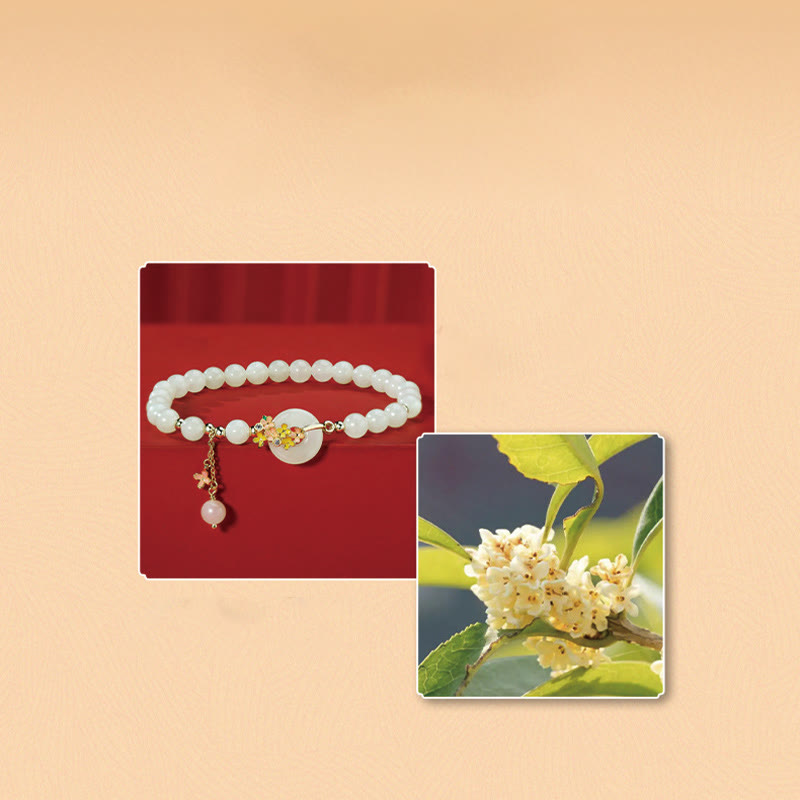 Wear FengShui 925 Sterling Silver Natural Hetian Jade Osmanthus Flowers Peace Buckle Zircon Luck Bracelet Necklace Pendant