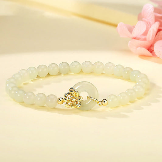 Wear FengShui 925 Sterling Silver Natural Hetian Jade Autumn Chrysanthemum Peace Buckle Prosperity Bracelet