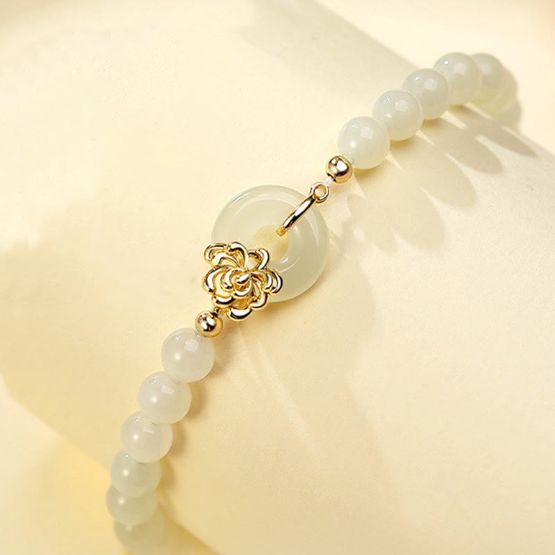 Wear FengShui 925 Sterling Silver Natural Hetian Jade Autumn Chrysanthemum Peace Buckle Prosperity Bracelet
