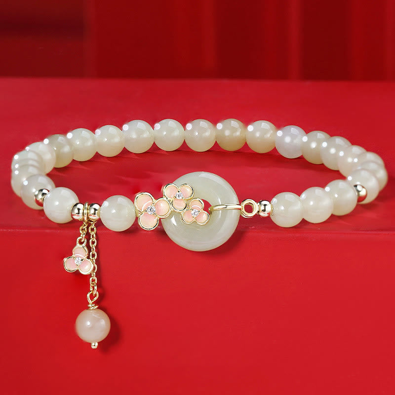 Wear FengShui 925 Sterling Silver Natural Hetian Jade Peach Blossom Peace Buckle Zircon Luck Bracelet Necklace Pendant