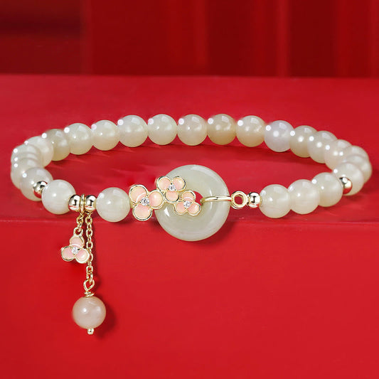 Wear FengShui 925 Sterling Silver Natural Hetian Jade Peach Blossom Peace Buckle Zircon Luck Bracelet Necklace Pendant