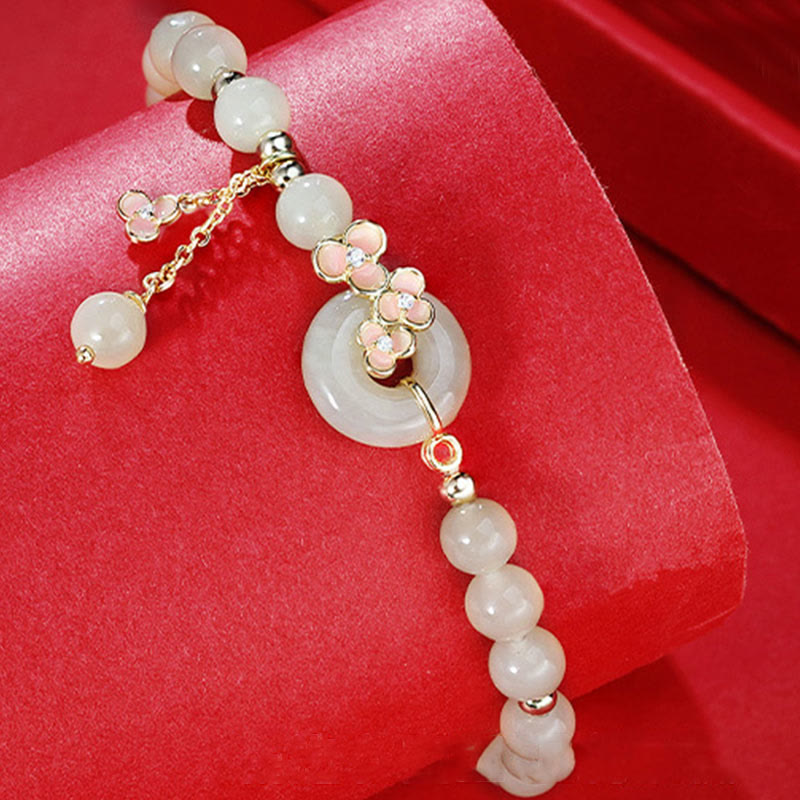 Wear FengShui 925 Sterling Silver Natural Hetian Jade Peach Blossom Peace Buckle Zircon Luck Bracelet Necklace Pendant
