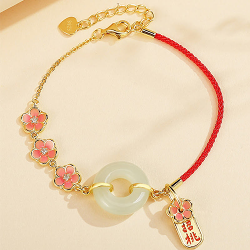Wear FengShui 925 Sterling Silver Natural Hetian Jade Peach Blossom Peace Buckle Zircon Luck Bracelet Necklace Pendant