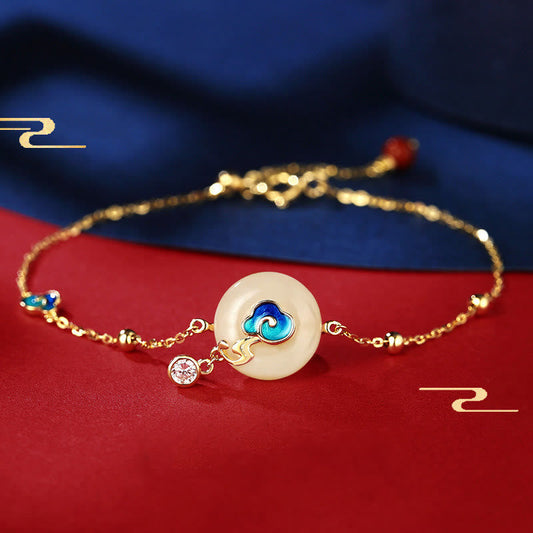 Wear FengShui 925 Sterling Silver Natural Hetian Jade Auspicious Clouds Abundance Bracelet