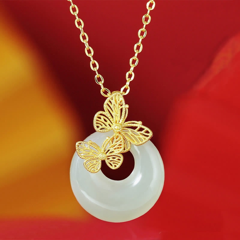 Wear FengShui 925 Sterling Silver Natural Hetian Jade Butterfly Prosperity Necklace Pendant