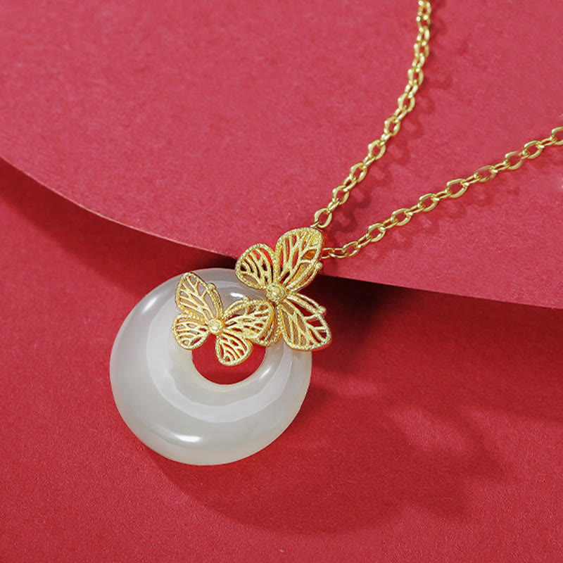 Wear FengShui 925 Sterling Silver Natural Hetian Jade Butterfly Prosperity Necklace Pendant