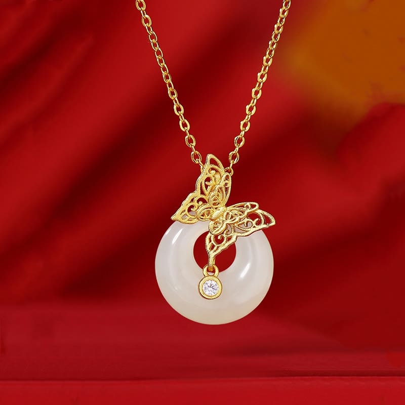 Wear FengShui 925 Sterling Silver Natural Hetian Jade Butterfly Prosperity Necklace Pendant