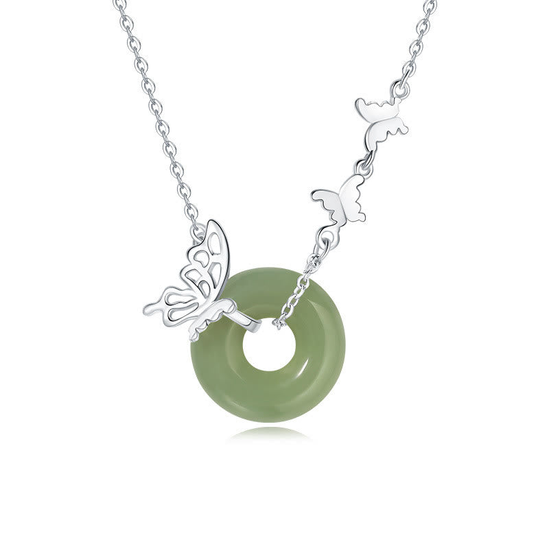 Wear FengShui 925 Sterling Silver Natural Hetian Jade Peace Buckle Butterfly Luck Prosperity Bracelet Necklace Pendant
