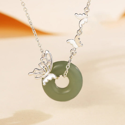 Wear FengShui 925 Sterling Silver Natural Hetian Jade Peace Buckle Butterfly Luck Prosperity Bracelet Necklace Pendant