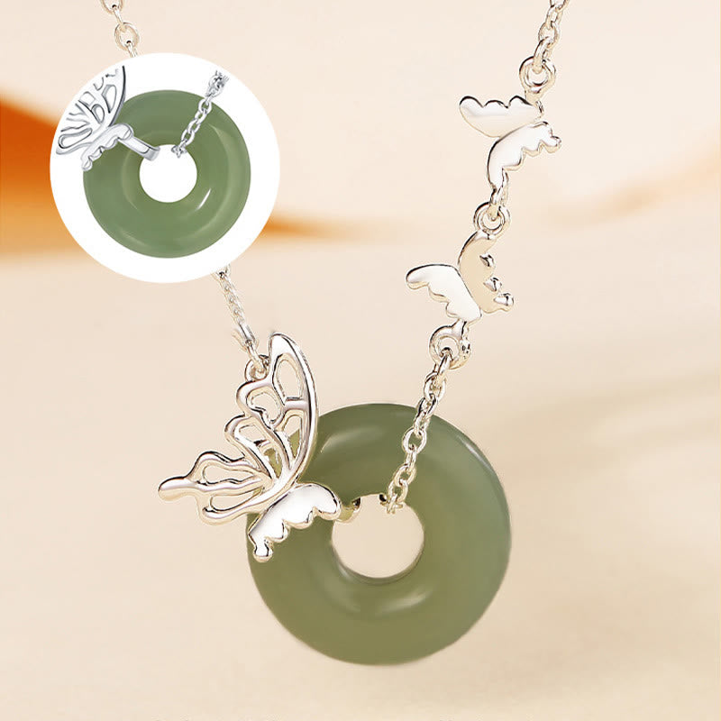 Wear FengShui 925 Sterling Silver Natural Hetian Jade Peace Buckle Butterfly Luck Prosperity Bracelet Necklace Pendant
