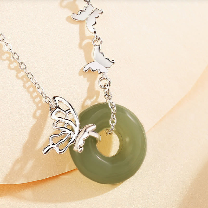 Wear FengShui 925 Sterling Silver Natural Hetian Jade Peace Buckle Butterfly Luck Prosperity Bracelet Necklace Pendant