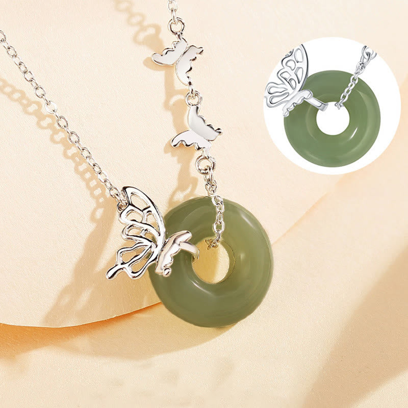 Wear FengShui 925 Sterling Silver Natural Hetian Jade Peace Buckle Butterfly Luck Prosperity Bracelet Necklace Pendant