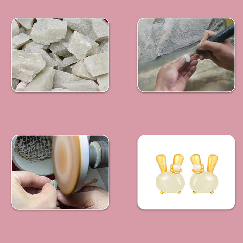 Wear FengShui 925 Sterling Silver Natural Hetian Jade Cute Rabbit Pearl Abundance Earrings