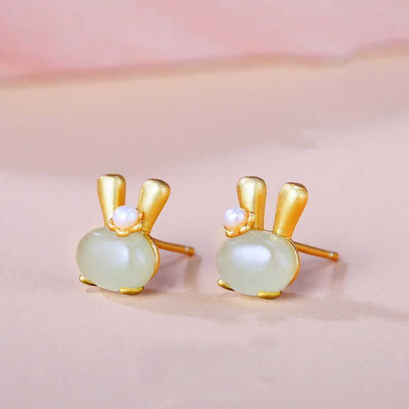 Wear FengShui 925 Sterling Silver Natural Hetian Jade Cute Rabbit Pearl Abundance Earrings