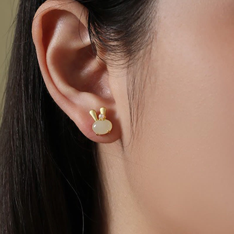 Wear FengShui 925 Sterling Silver Natural Hetian Jade Cute Rabbit Pearl Abundance Earrings