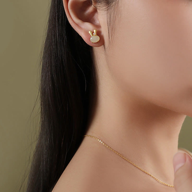 Wear FengShui 925 Sterling Silver Natural Hetian Jade Cute Rabbit Pearl Abundance Earrings