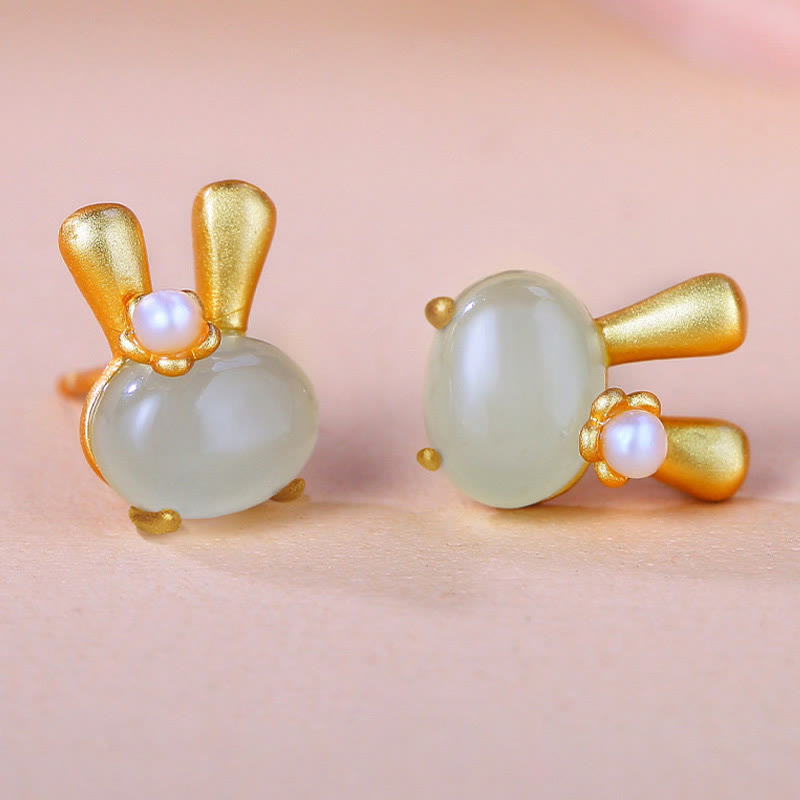 Wear FengShui 925 Sterling Silver Natural Hetian Jade Cute Rabbit Pearl Abundance Earrings
