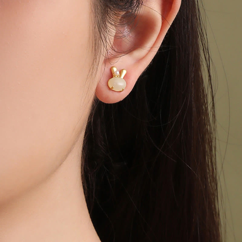 Wear FengShui 925 Sterling Silver Natural Hetian Jade Cute Rabbit Pearl Abundance Earrings