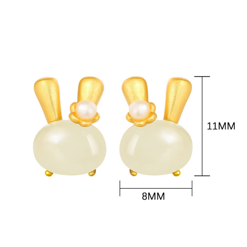 Wear FengShui 925 Sterling Silver Natural Hetian Jade Cute Rabbit Pearl Abundance Earrings