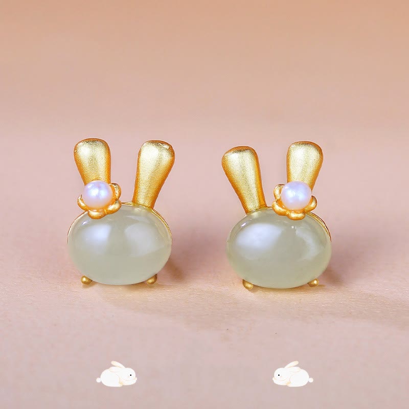 Wear FengShui 925 Sterling Silver Natural Hetian Jade Cute Rabbit Pearl Abundance Earrings