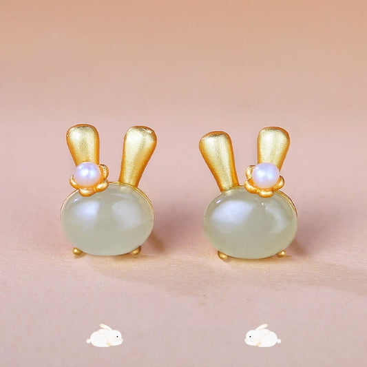 Wear FengShui 925 Sterling Silver Natural Hetian Jade Cute Rabbit Pearl Abundance Earrings
