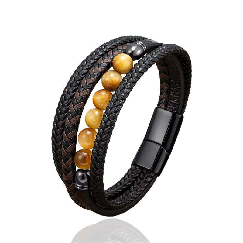 Wear FengShui Tiger Eye Lava Rock Black Onyx Lazurite Lapis Lazuli Hematite Bead Positive Leather Bracelet