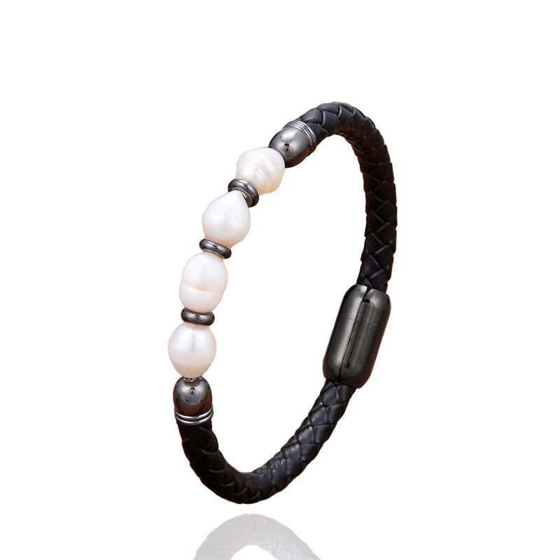 Wear FengShui Handmade Irregular Shaped Pearls Healing Leather Titanium Steel Buckle Bracelet