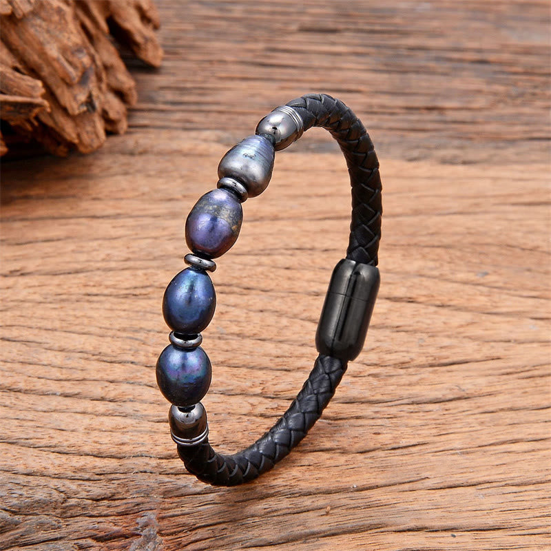 Wear FengShui Handmade Irregular Shaped Pearls Healing Leather Titanium Steel Buckle Bracelet