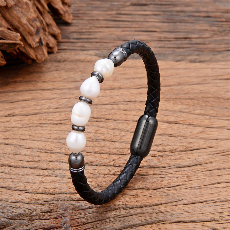 Wear FengShui Handmade Irregular Shaped Pearls Healing Leather Titanium Steel Buckle Bracelet