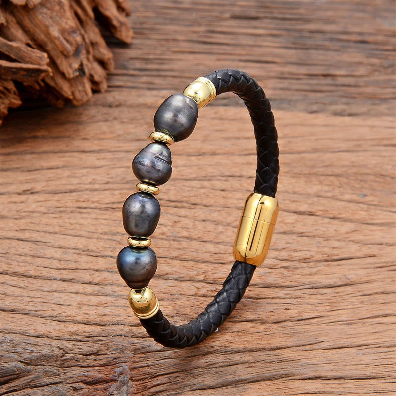 Wear FengShui Handmade Irregular Shaped Pearls Healing Leather Titanium Steel Buckle Bracelet