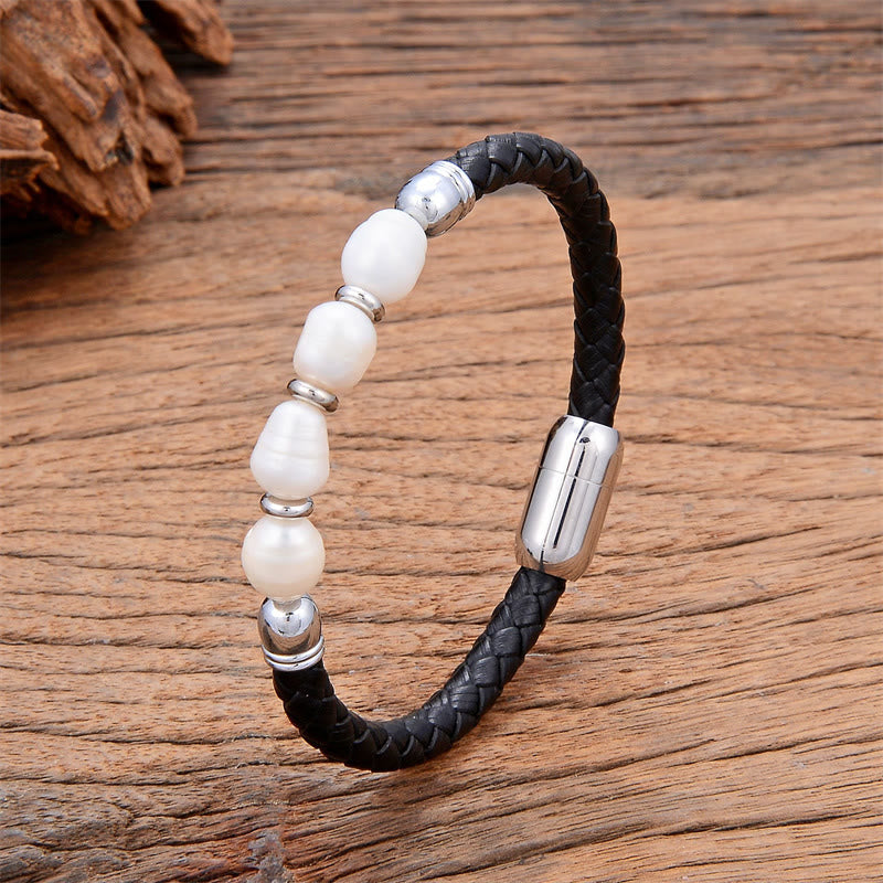 Wear FengShui Handmade Irregular Shaped Pearls Healing Leather Titanium Steel Buckle Bracelet